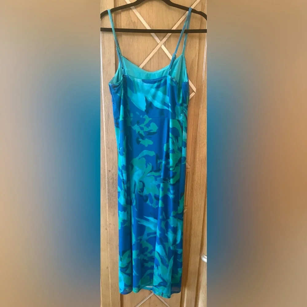Teal & Blue Floral Midi Slip Dress with Spaghetti Straps - Picture 3 of 8